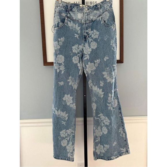New Free People Naomi Printed Flare Jeans Floral Washed Blue Western Seamed 32 - Picture 4 of 8
